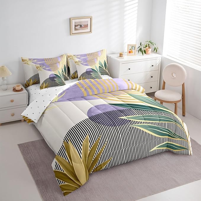 Erosebridal Mid Century Comforter Set Queen Abstract Bohemian Aesthetic 7 Pcs Bedding Sets,Minimalist Modern Boho Bed in a Bag Vintage Geometric Circle Line Quilt with Flat Fitted Sheet,Purple Gold