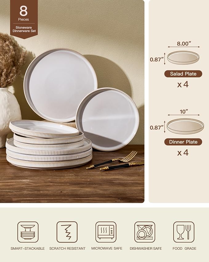 8-Piece Dinner/Salad Plates Set for 4, Cappuccino White | Chip & scratch resistant stoneware dinnerware. Microwave & dishwasher safe. Handcrafted reactive glaze. For daily & serving.