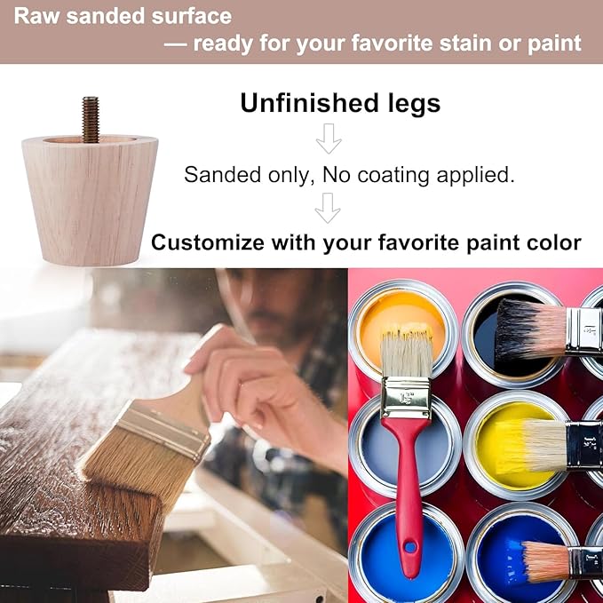 2 Inch Small Unfinished Rubberwood Furniture Legs Set of 4 - Short Solid Wood Legs Replacement for Ottoman & Bench,Couch & Sofa & Table Legs, Cabinet Feet - DIY Finish