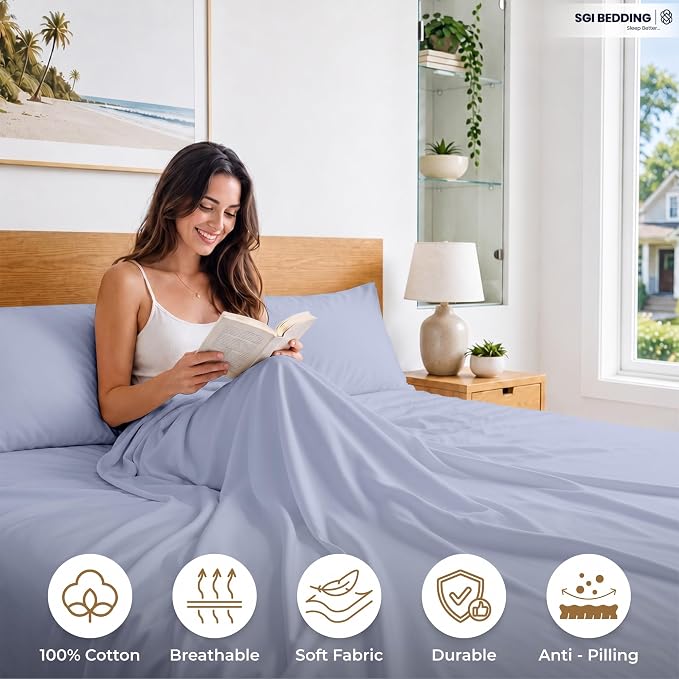 SGI Split King Sheet Set for Adjustable Bed Egyptian Premium Cotton 600 Thread Count Sheets for Sleep Number Bed 15" Deep Pocket 5 Pc Set with 2 Twin XL Fitted Sheets Soft Breathable - Cornflower Blue