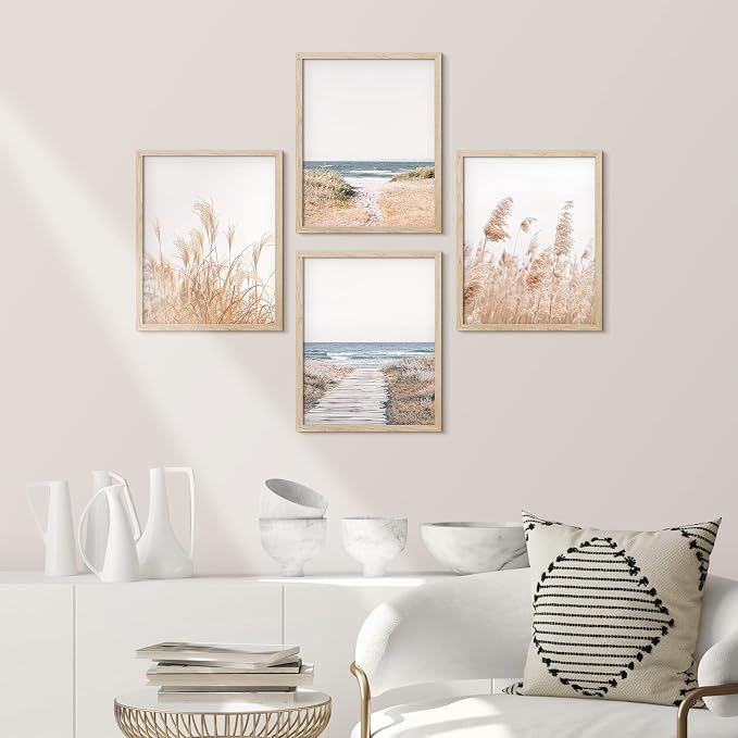 SIGNWIN Framed White Pampas Grass Beach Ocean Shore Horizon Wall Art, Set of 4 Landscape Colorful Wall Decor Prints, Nature Wilderness Wall Décor for Living Room, Bedroom - 11"x14" Natural