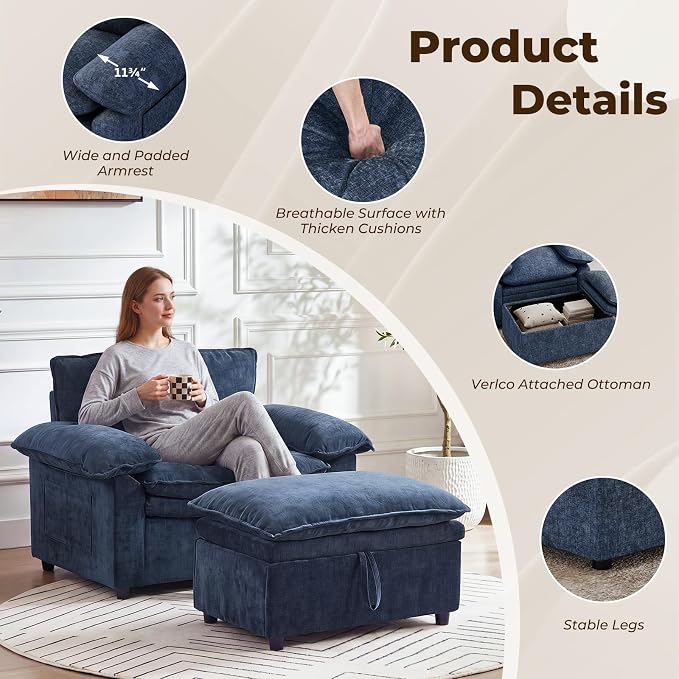 Furnimart Oversized Accent Chair with Storage Ottoman, Super Plush Cloud Chair with Chunky Cushion, Comfy Chenille Chaise Lounge, Dark Blue Lounge Chair for Living Room Bedroom Reading Nook