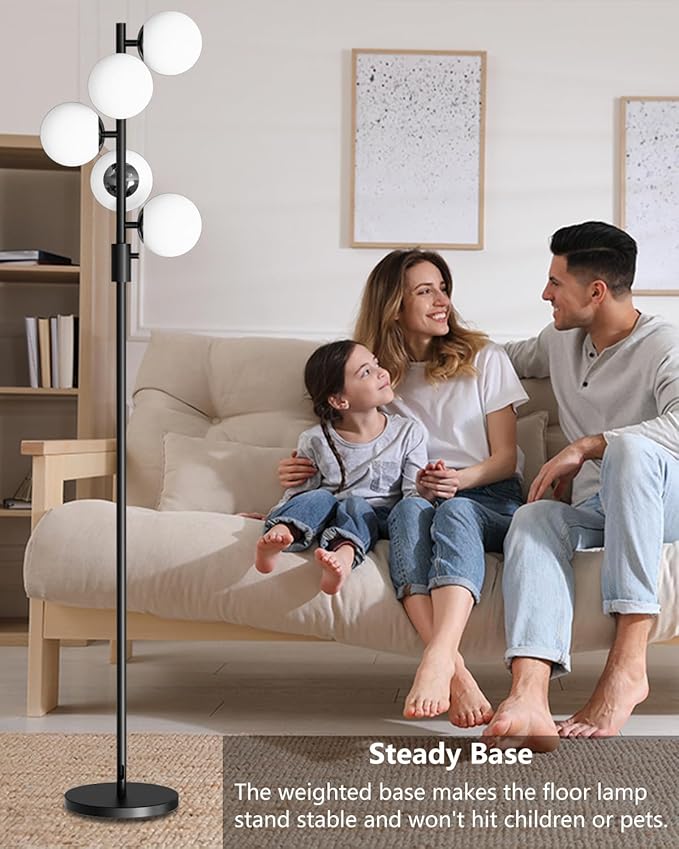 Lightdot 5-Globe Dimmable Globe Floor Lamp Black Standing Lamps with 5Pcs 3000K Bulbs Included Brightness Adjustable Retro Mid Century Modern Floor Lamp for Living Room/Sofa Beside/Corner Decor