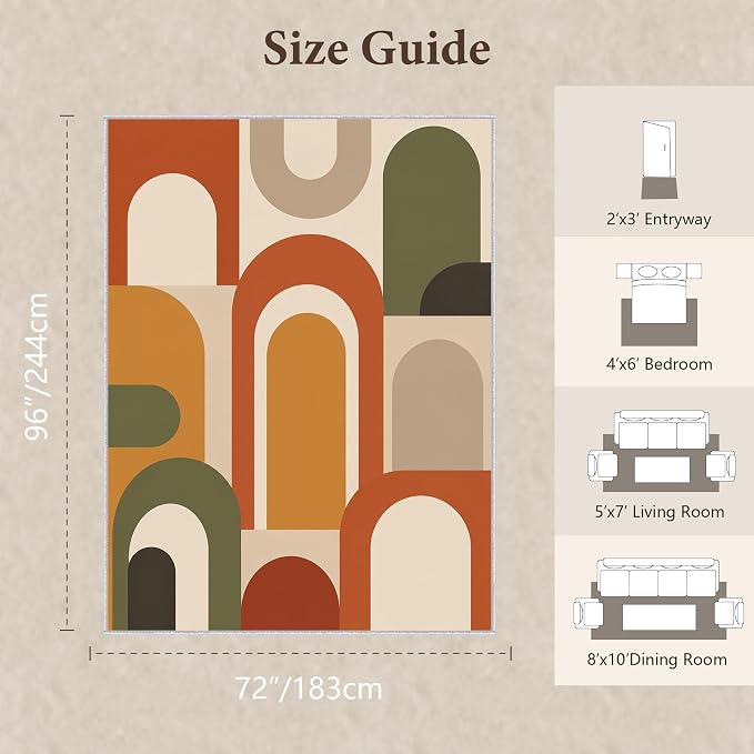 Mid Century Arch Area Rug 6x8, Terracotta Geometric Abstract Rug, Retro Modern Color Block Washable Low Pile Non Slip Rug for Living Room Bedroom