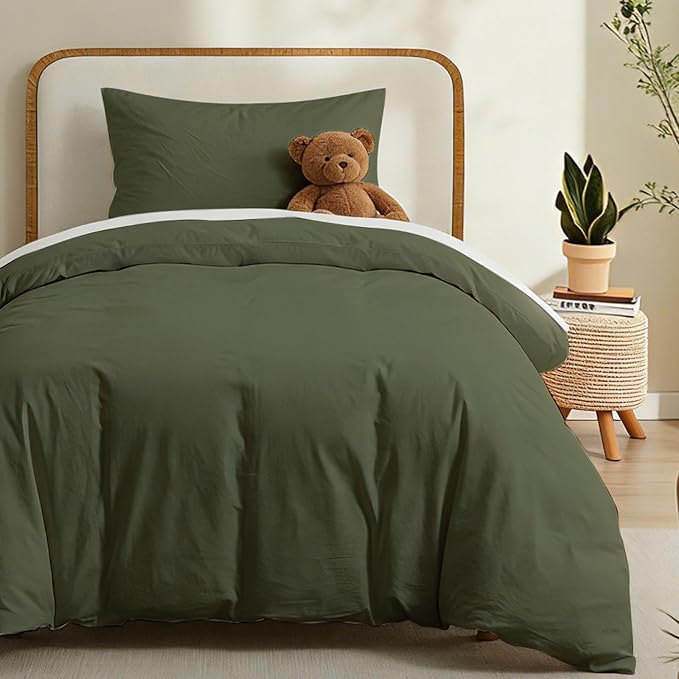 LOVQUE Olive Green Cotton Duvet Cover Twin Size, Linen Like Natural Bedding Set with Zipper Closure (No Comforter), 68x90 Inches