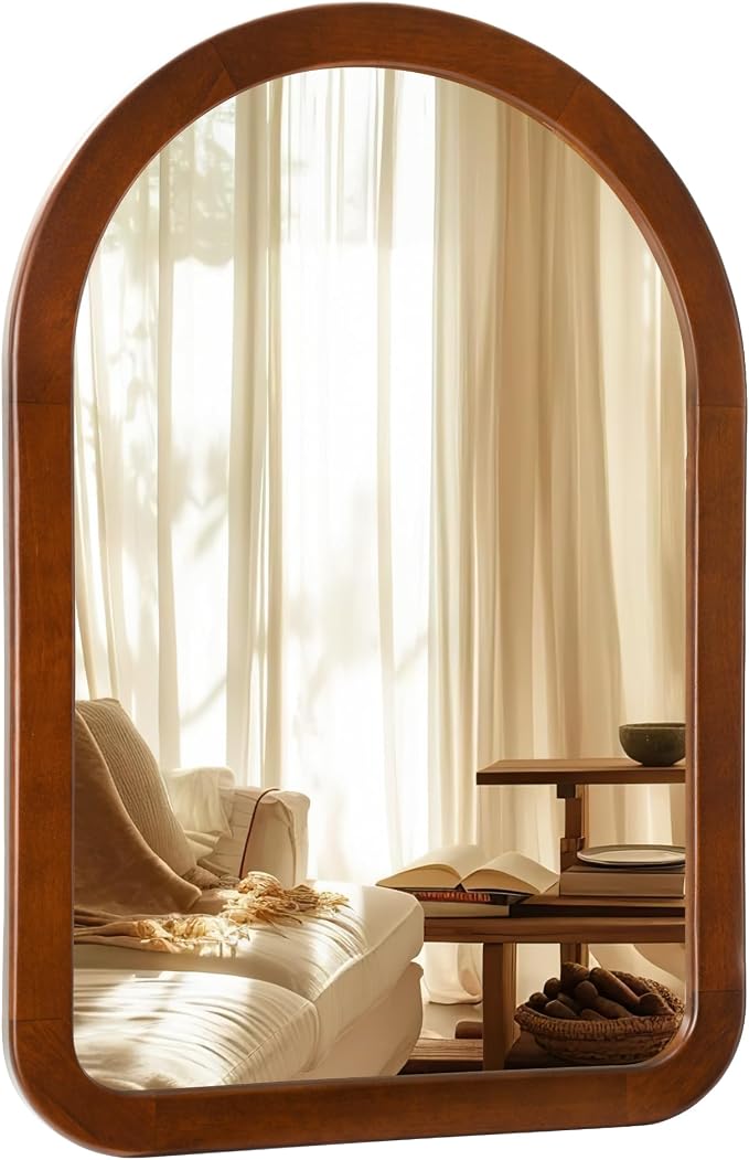 Arched Mirror 22 x 30 Inch,Walnut Brown Wood Rustic Bathroom Tempered Wall Mirror with Wood Frame,Round Corner Arch Farmhouse Wooden Vanity Mirror for Living Room,Entryway or Bedroom