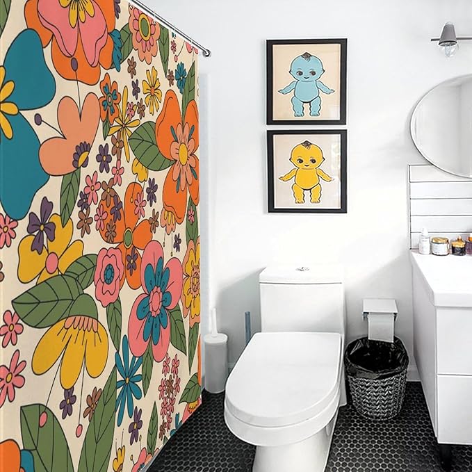 Hippie Floral Shower Curtain, Retro 70s Vintage Orange Daisy Groovy Cute Flower Aesthetic Boho Funky Trippy Colorful Waterproof Fabric Bath Shower Curtain Set with Hooks, 72"x72" Inch