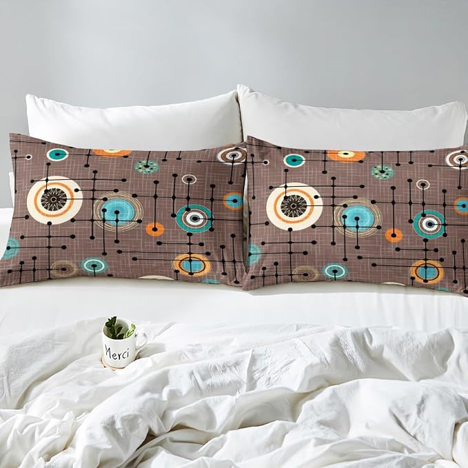 Erosebridal Geometric Grid Bedding Sets Twin Brown Minimalism Comforter Cover, Mid Century Bed Set Retro Atomic Duvet Cover, Rainbow Circles Black Lines Quilt Cover Abstract Room Decor