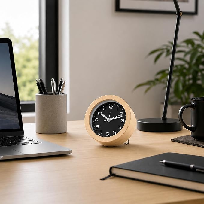 Analog Alarm Clock 5" Silent Non-Ticking Small Solid Wood Desk Clocks Battery Operated Simple Style Retro Table Clock for Office/Bedroom/Kitchen/School/Bedside/Shelf (Light Wood, Circular)