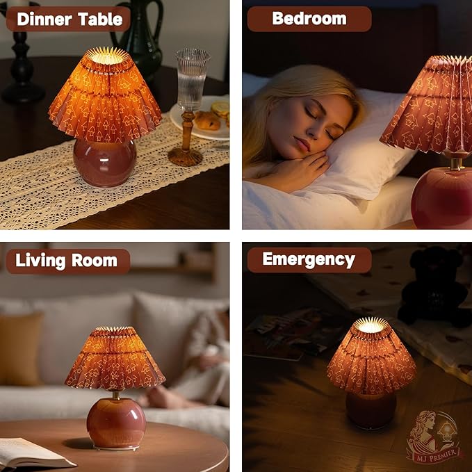 Rechargeable Table Lamp, Cordless Lamp with Glass Base, 3000K Warm Light, Battery Operated Lamps with E27 LED Bulb, Easy Assembly Pleated Lamps for Livingroom Tabletop Corner Shelf Decor (Red)