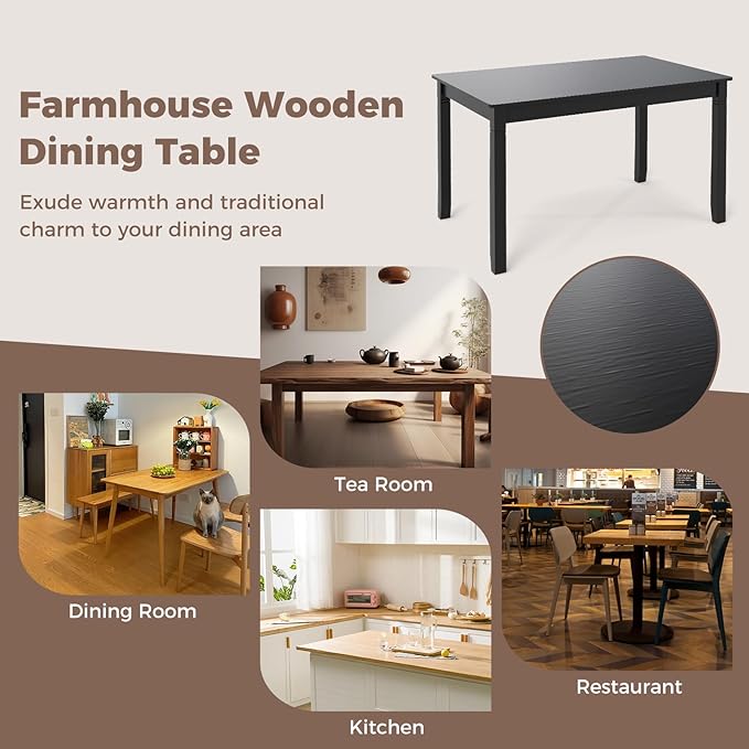 Giantex Dining Table for 4 People, 48"x 29" Kitchen Table with Wood Legs, Load 330 Lbs, Rectangular Dinner Table for Small Space, Dinette, Apartment, Living Room, Dining Room (Black)