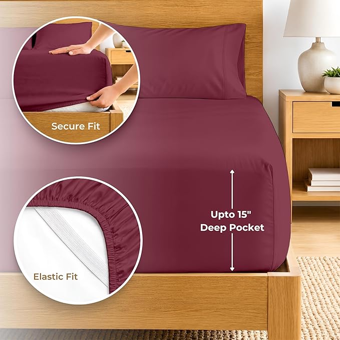 SGI bedding 100% Egyptian Cotton Sheets Twin XL Size – 600 Thread Count Sheets Set, Soft, Cooling, 15" Deep Pocket, Luxury Hotel Bedding, Breathable, Durable - Burgundy