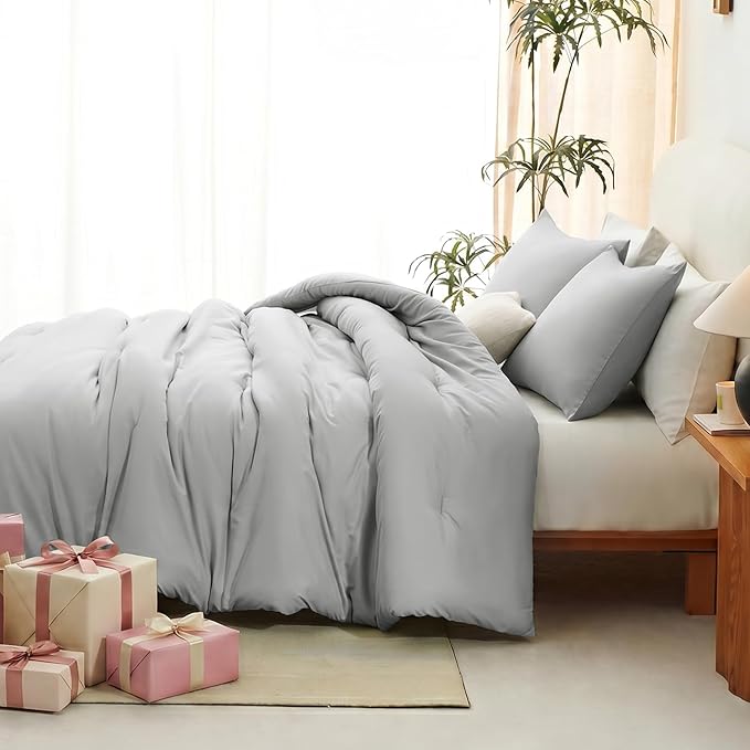 CozyLux Full Size Comforter Set Light Grey, 3 Pieces Lightweight Down Alternative Quilted Bedding Sets, Light Gray All Season Soft Breathable Solid Comforter with 2 Pillowcases, Bed Set Gift for Home