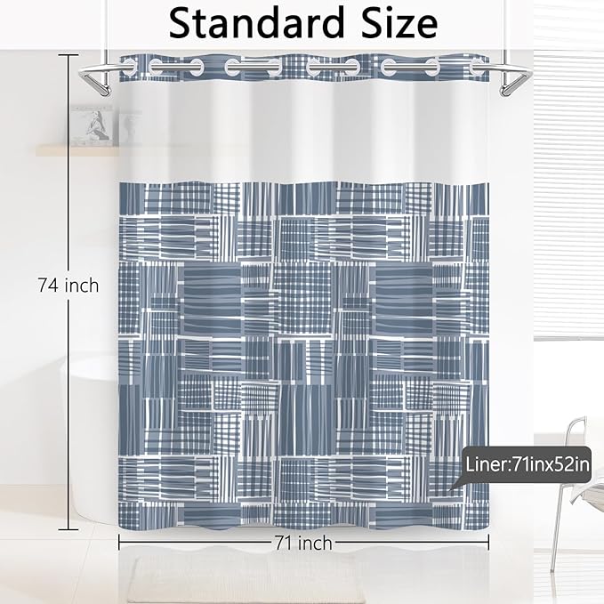 No Hook Geometric Shower Curtain with Snap in Liner - Gray Blue Modern Geometric Design, Waterproof Fabric Shower Curtains for Modern Bathroom with Mesh Top Window, 71x74 Inch