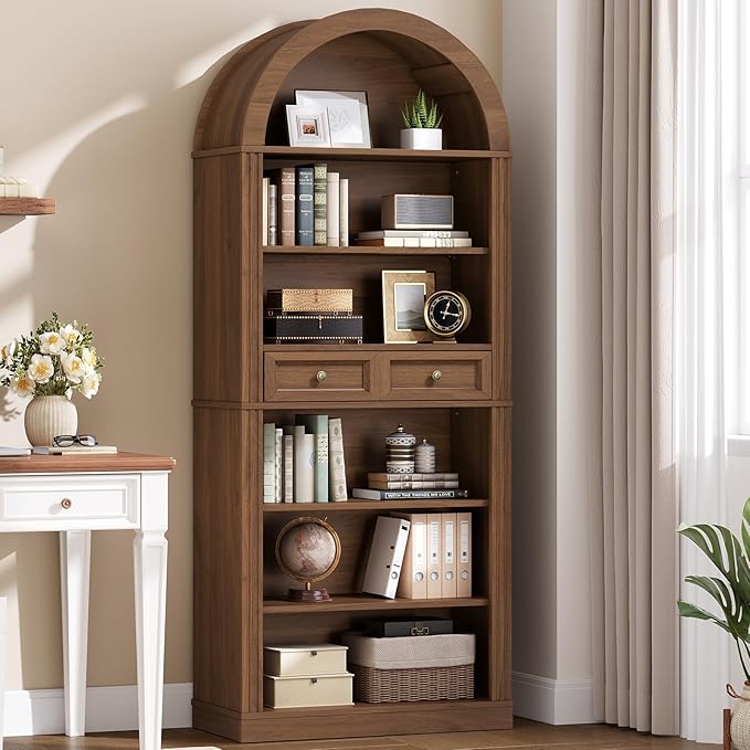 RALGEND Arched Bookshelf, 73" Tall Arch Bookcase with Drawer, 6-Tier Farmhouse Book Shelf, Wooden Bookshelf with Open Display Shelves for Living Room, Office, Adjustable Shelf, Walnut