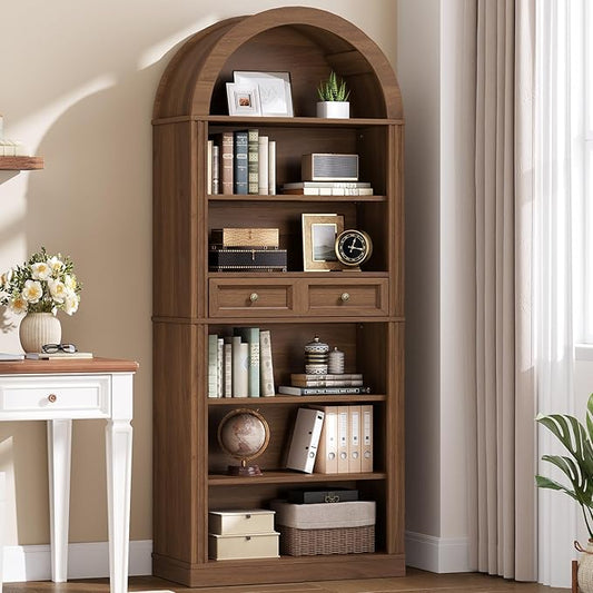 RALGEND Arched Bookshelf, 73" Tall Arch Bookcase with Drawer, 6-Tier Farmhouse Book Shelf, Wooden Bookshelf with Open Display Shelves for Living Room, Office, Adjustable Shelf, Walnut