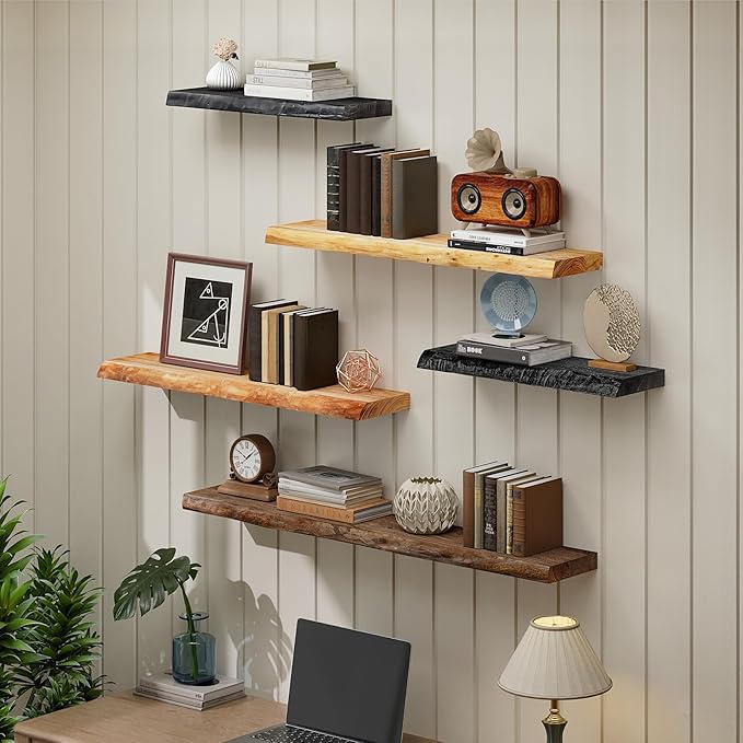 SAUMONIERES Live Edge Floating Shelves for Bedroom Living Room Wall Mounted Storage Long Natural Elm Wood Shelf Large Heavy Duty 8 Inch Deep, 48 inch Set of 1 Black Floating Shelf