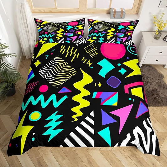 80s 90s Bedding Set Memphis Pattern Old Fashioned Comforter Cover King,Geometric Abstract Colorful Dots Funky Duvet Cover Retro Bed Set,Multicolor Cute Vintage Rainbow 80'S Style 1980S Home Decor