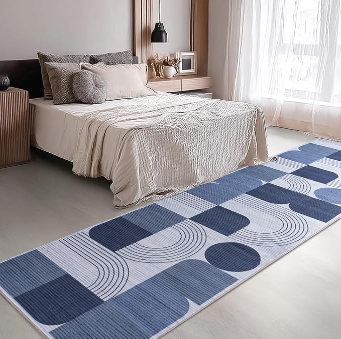 Machine Washable 2x6 Runner Rug, Soft Modern Geometric Abstract Blue Rugs for Bedroom Living Room, Non-Shedding Faux Wool Indoor Throw Floor Carpet for Office Entryway Dining Room Decor