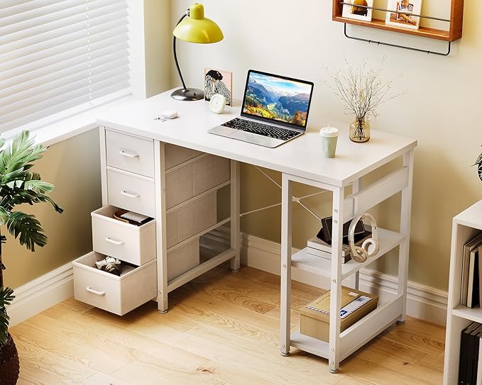 Casaottima 40 Inch Small Computer Desk with 4 Fabric Drawers, Modern PC Desk for Small Spaces, Home Office Desk with Storage Shelves, White