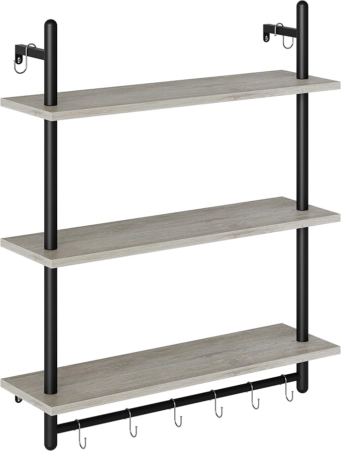 Bestier 3 Tier Industrial Pipe Shelving, Floating Book Shelves for Wall, Storage Hanging Shelves with Towel Bar for Bathroom Organizer Bedroom Kitchen Plants Office. 31.5 Inch Retro Grey
