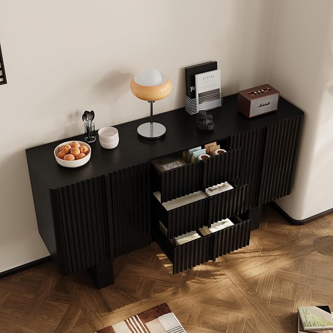 Rophefx 63" Buffet Cabinets with Storage, Wood Side Cabinet with 3 Drawers & 2 Doors, Mid-Century Modern Buffet Table with Anti-Tip Device & Foot Pads for Kitchen, Living Room, Dining Room(Black