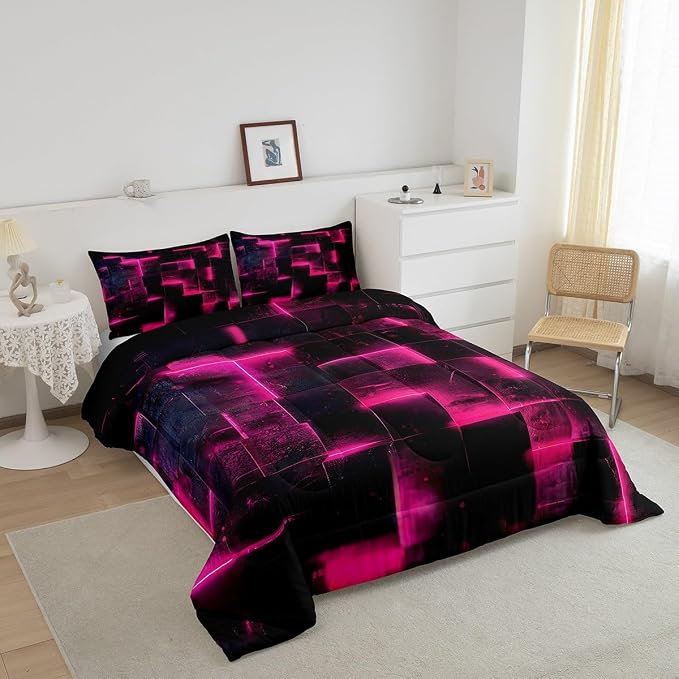 Erosebridal Black and Hot Pink Comforter Set King Modern Abstract King Bedding, 3D Glowing Plaid Bedding Comforter Sets Gradient Grid Duvet, Neon Square Quilted Comforter 3 Piece (Black Reversible)