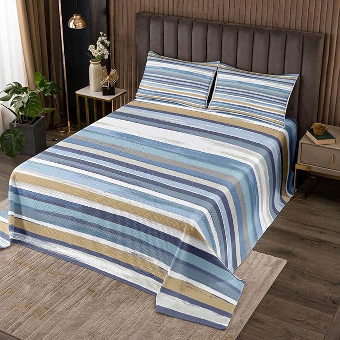 Erosebridal Brown Navy Beige Bedspread King Size White Teal Grey Quilt Set, Aesthetic Striped Coverlet Set Wave Line Bedding Set, Grunge Minimalism Bed Cover Lightweight