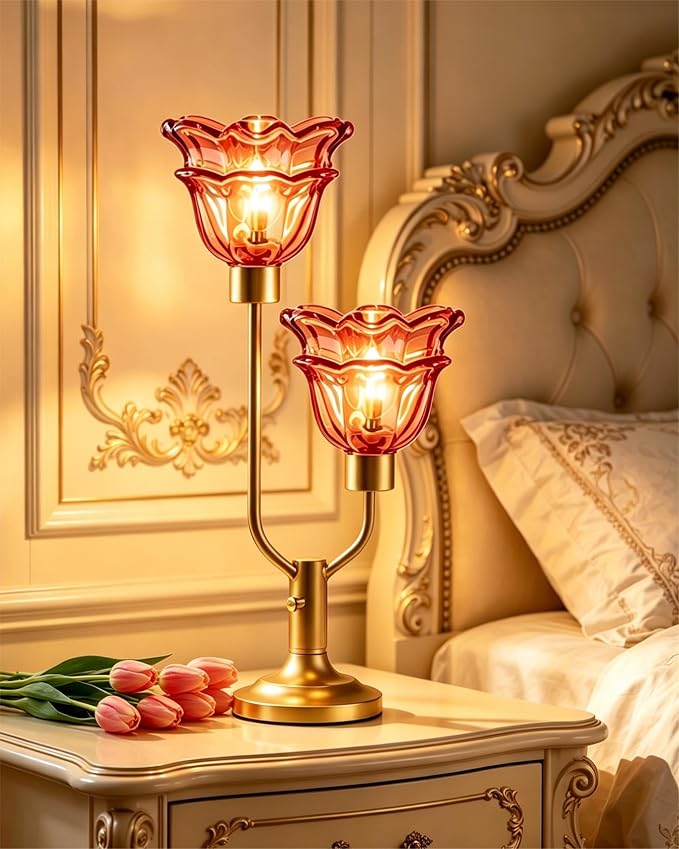 Lightdot Mid Century Modern Flower Table Lamp Dimmable Nightstand Lamp Red Glass Vintage Gold Desk Lamp 2 Bulbs Included Warmwhite Ambient Bedside Lamps for Living Room Bedroom Home Office Decor Gift