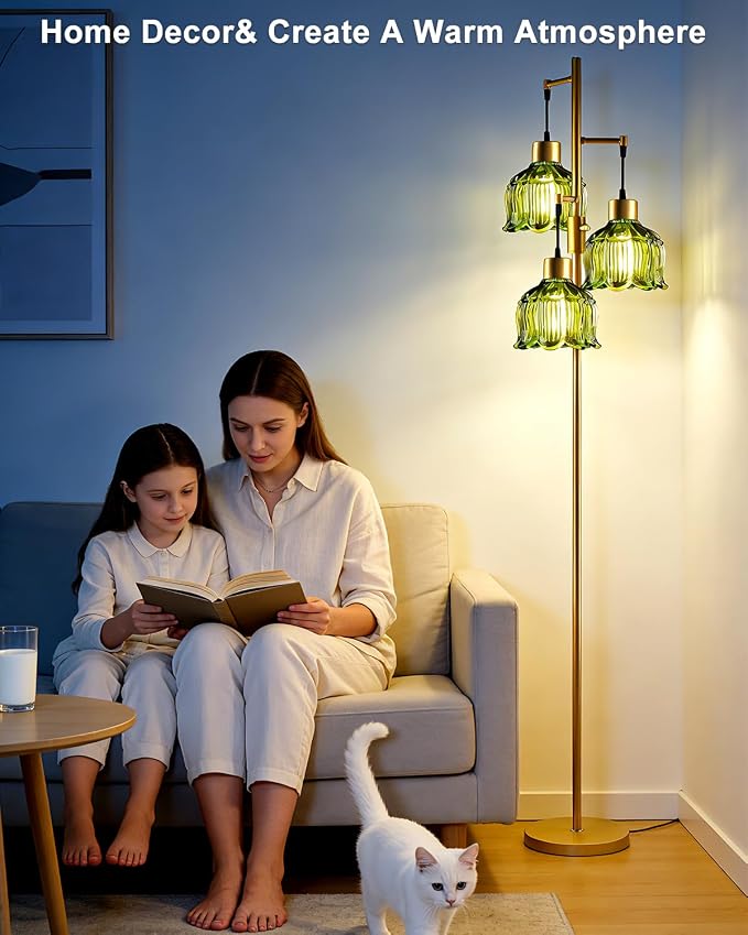 3-Light Modern Glass Floor Lamp, Gold Standing Tall Lamp with Green Vertical Rib Glass Shade for Reading, Dimmable LED Floor Lamp with 5Lbs Heavy Base for Living Room Bedroom Home Decor, Bulb Included