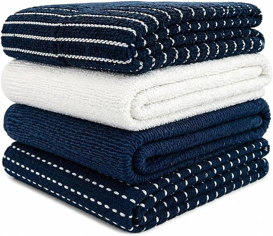 Serafina Home Navy Blue Kitchen Towels: 100% Cotton Soft Absorbent Assortment Ribbed Terry Loop, Set of 4 Multipurpose for Everyday Use (Navy Blue)