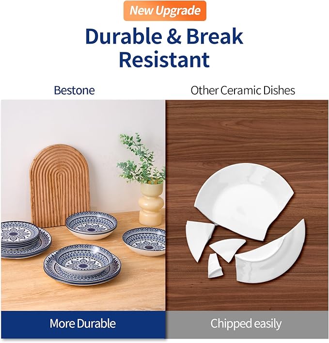 Bestone Ceramic 12-Pieces Dinnerware Sets, Ceramic Dish Plates and Bowls Sets, Dishes Set for 4, Dinner Salad Dessert Plates, and Cereal Bowls Set, Gift,Vintage Blue