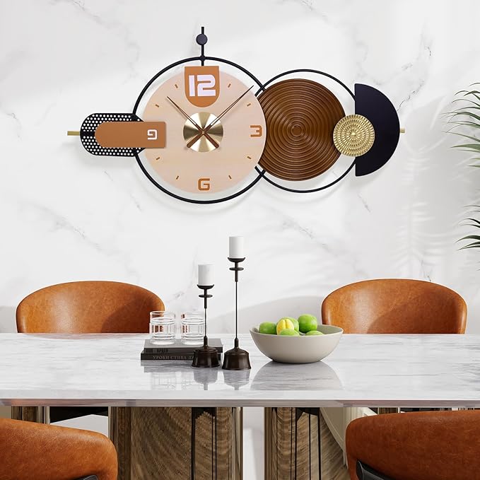 38x20 Inch Large Modern Wall Clock for Living Room - Metal & Wood Combination, Silent Non-Ticking Battery Operated Decorative Clock for Home, Bedroom, Kitchen, Office