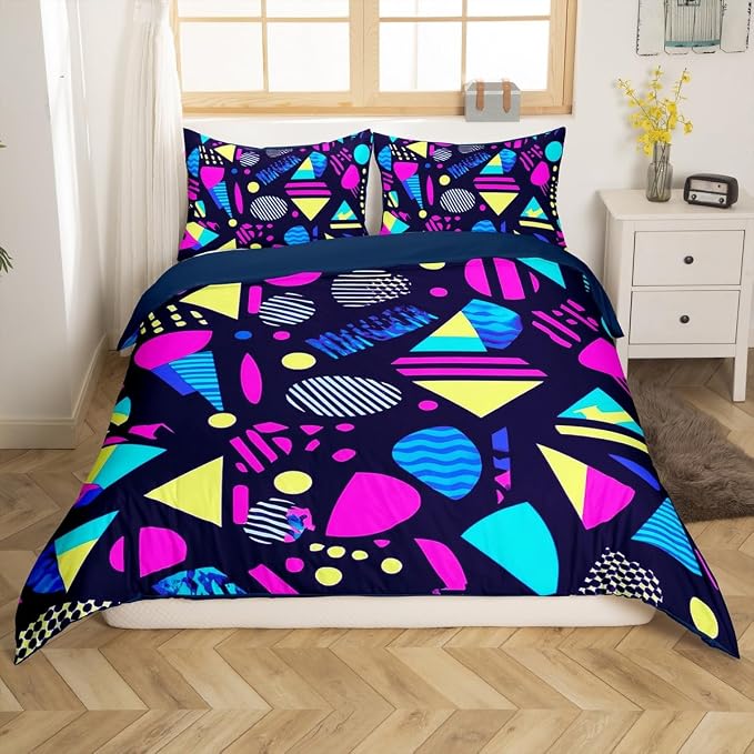 80s 90S Fashion Style Bedding Set Queen Size,Retro Memphis Style Pattern with Geometrical Shapes Duvet Cover for Kids Child,Funky Hipster Old Fashioned Comforter Cover Triangle Geometric Decor