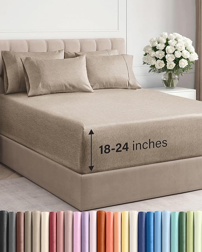 Extra Deep Cal King Sheet Set - 6 Piece Breathable and Cooling Sheets - Hotel Luxury Bedding for Women, Men, Kids & Teens - Easy Secure Fit - Soft & Wrinkle Free - Extra Deep Pockets - Heathered Beige