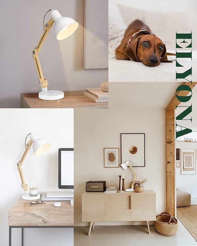 ELYONA Japandi White Desk Lamp with Wireless Charger, Solid Wood Table Lamp with USB C Charging Port, Swing Arm Reading Task Light with LED Bulb for College Dorm, Office, Living Room, Bedroom