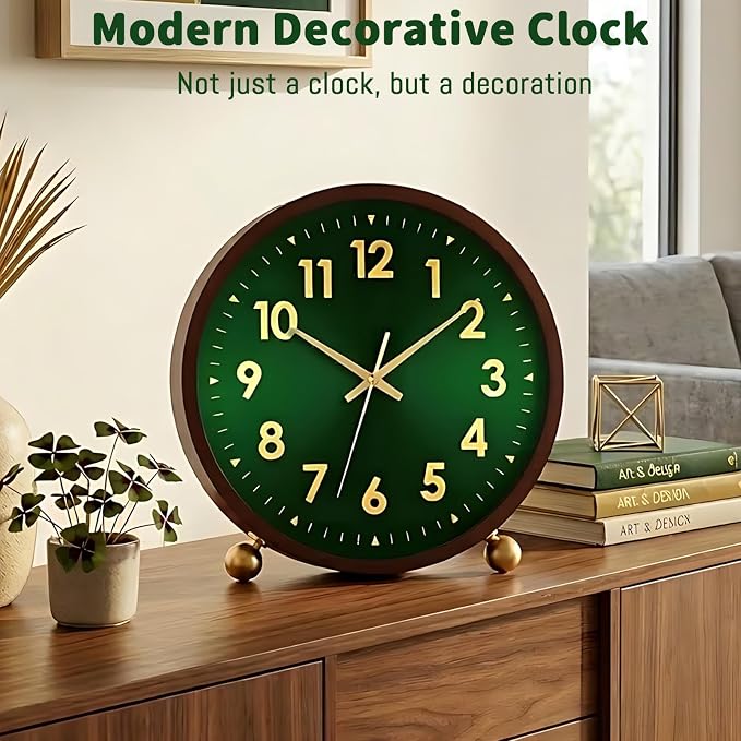 Maxspace Wooden Table Clock,8in Silent Non-Ticking Desk Clock with Gold Ball Base,Battery Operated Desktop Analog Clock for Living Room Office Bedroom Decor (Green Gold - Walnut, Copper Ball Base)