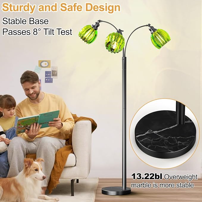 Arc Floor Lamps for Living Room, Dimmable Floor Lamp with Green Flower Glass Shades and 3 Brightness Lights, Adjustable Arm, Modern Tree Tall Standing Lamp Corner Arched Light for Bedroom Decor