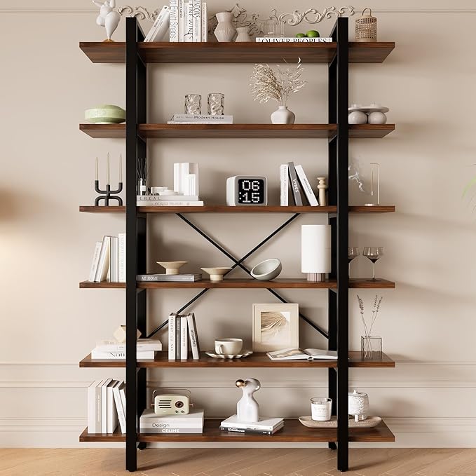 Bookshelf, Industrial Style Bookcase, Book Rack, Storage Rack Shelves in Living Room/Home/Office, Books Holder Organizer for Books/Movies (6-Tiers)
