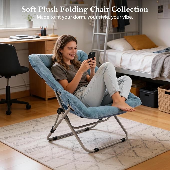 Furlide Saucer Chair, Comfy Bedroom Chairs, Oversized Folding Faux Fur Chair, Foldable Metal Frame Chair for Bedroom, Living Room, Balcony, Patio (Blue)