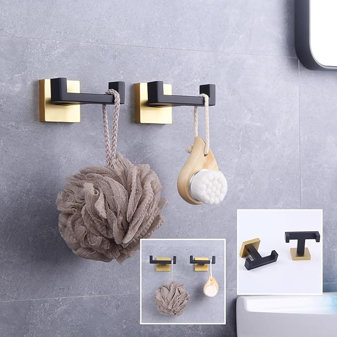 GERZWY Bathroom Hooks, Double Towel Robe/Coat Clothes Hook Stainless Steel Hanger Wall Hooks Heavy Duty for Bath Wall Mounted 2 Pack (Black & Gold) AG1417B-BD