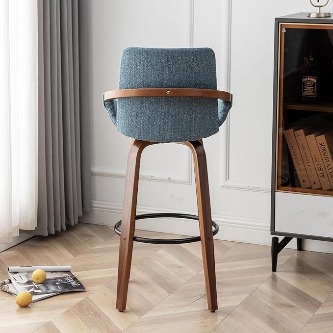 LUNLING 29.5" Bar Height Barstools Set of 3,Mid Century Modern Retro Bar Chairs Charcoal Blue Linen Look Fabric Upholstered and Walnut Wood Frame for Home Bar Furniture(Blue)