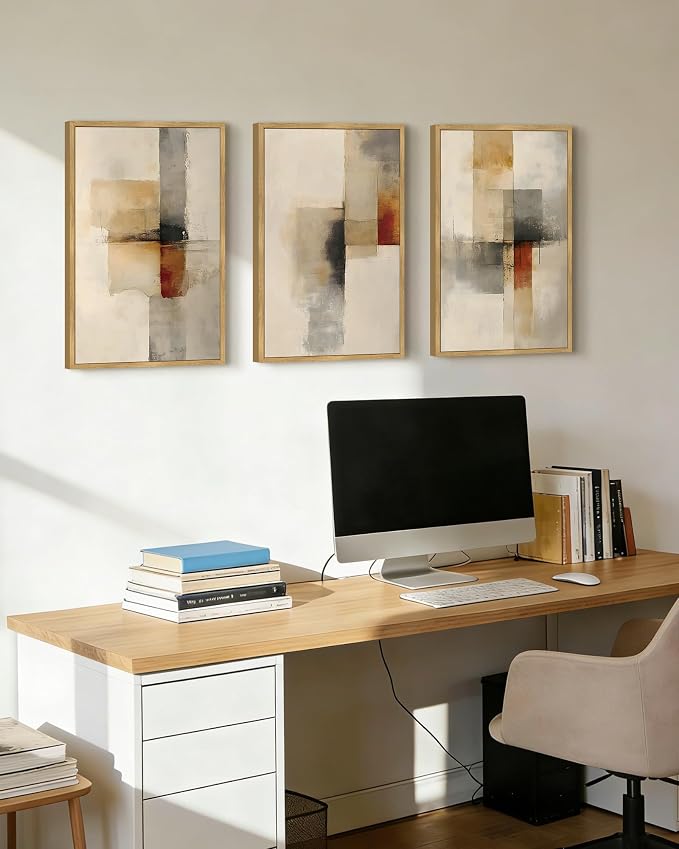 KUVIOKE Framed Abstract Wall Art Minimalist Beige Gray Red Pastel Watercolor Wall Decor Modern Neutral Art Print Home Decor 16x24in (Natural Framed)