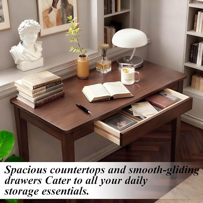 Solid Wood Desk,40" Oak Wooden Desk with Drawers,Mid Century Modern Small Computer Desk with Drawers for Small Spaces Home Office Solid Wood Writing Desk,(Walnut Color-1 Drawers) (Walnut Color)
