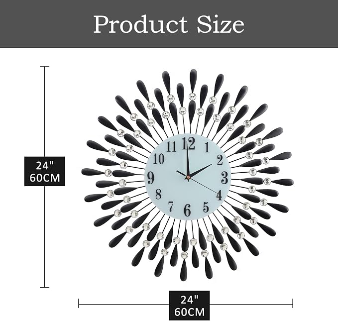 24 INCH Large Wall Clock for Living Room Decor,Non-Ticking Quiet Metal Petals Dial Glass Big Wall Clocks Black for Bedroom,bedrooms Kitchen and Small Space Decoration