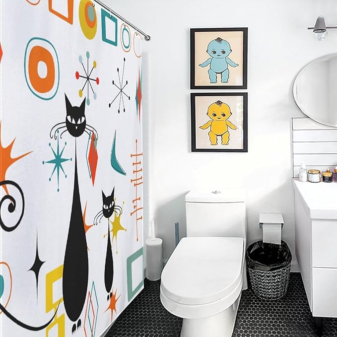 Mid Century Shower Curtain for Bathroom, Rustic Modern Abstract Geometric Black Cat Atomic Teal Orange Kittey Vintage 1950s 1960s Waterproof Fabric Shower Curtain Set with Hooks, 72"x84"
