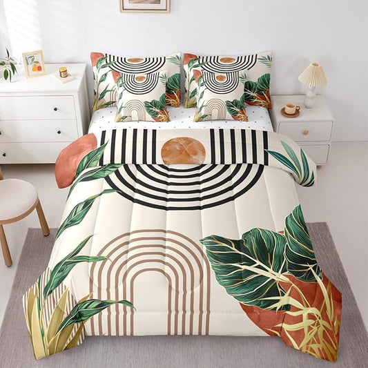 Erosebridal Modern Mid Century Bedding Set Queen Abstract Bohemian Comforter Set 7 Piece Modern Boho Brick Red Aesthetic Bed in A Bag for Adults Nature Stripes Palm Leaf Quilt with Flat Fitted Sheet