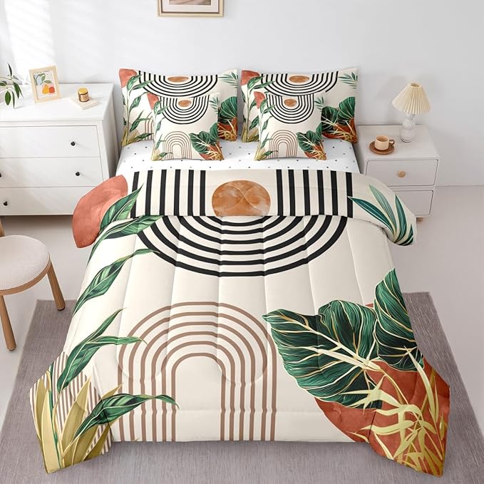 Erosebridal Modern Mid Century Bedding Set King Abstract Bohemian Minimalist Comforter Set 7 Piece Modern Boho Brick Red Aesthetic Bed in A Bag Nature Stripes Palm Leaf Quilt with Flat Fitted Sheet