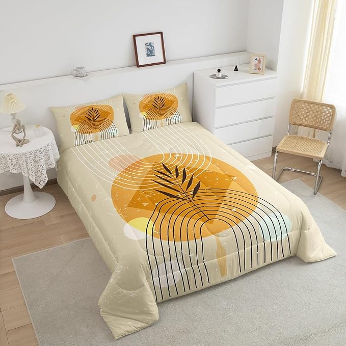 Erosebridal Geometric Stripe Bedding King Retro Aesthetic Comforter Set, Beige Minimalism Duvet Insert Modern Artwork Down Comforter, Mid Century Bedding Comforter Sets with 2 Pillowcase Super Cozy