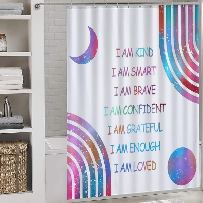 Rainbow Shower Curtain for Girls Bathroom, Boho Rianbow Quotes Inspirational Motivational Positive Colorful Pastel Green for Baby Kids Waterproof Fabric Shower Curtain Set with Hooks, 72"x72" Inch